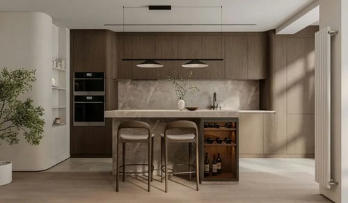 Modern kitchen with wood cabinetry, stone island, integrated appliances, and minimalist lighting.