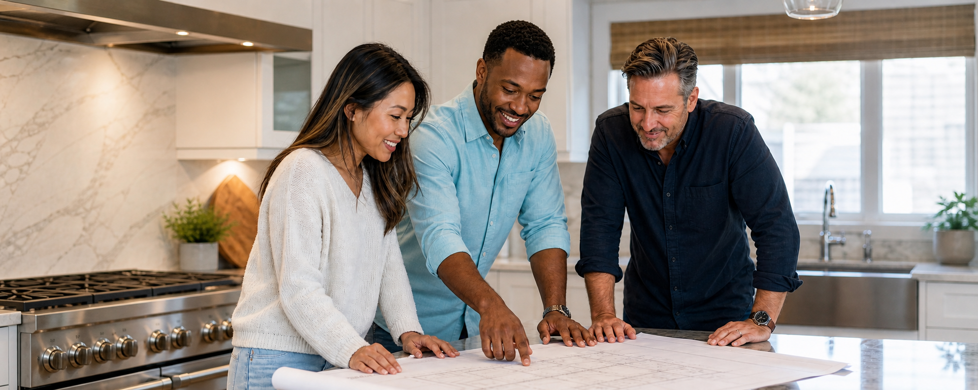 Clients reviewing remodeling plans with a contractor in kitchen