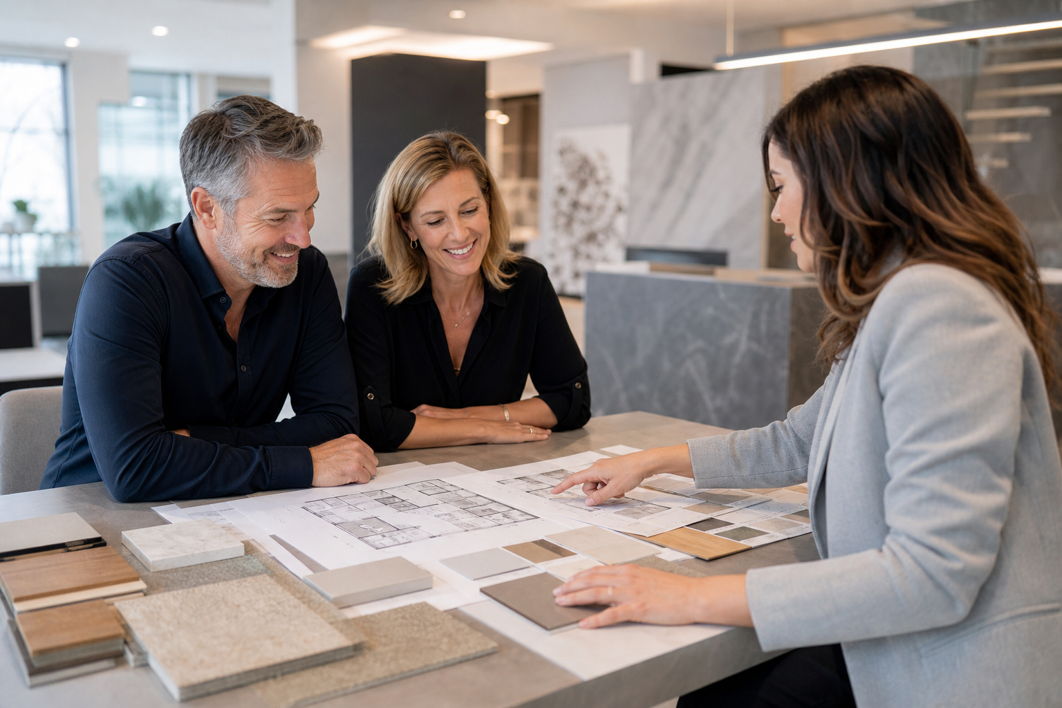 Design Meeting with Happy Couple and Floorplan Selection