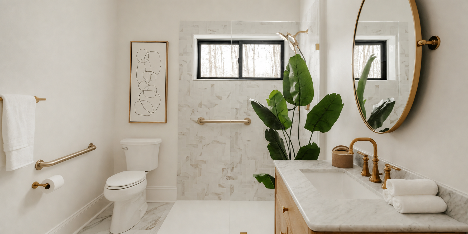 Accessible bathroom with a curbless walk-in shower, grab bars, natural wood vanity, marble countertop, and brushed brass fixtures.