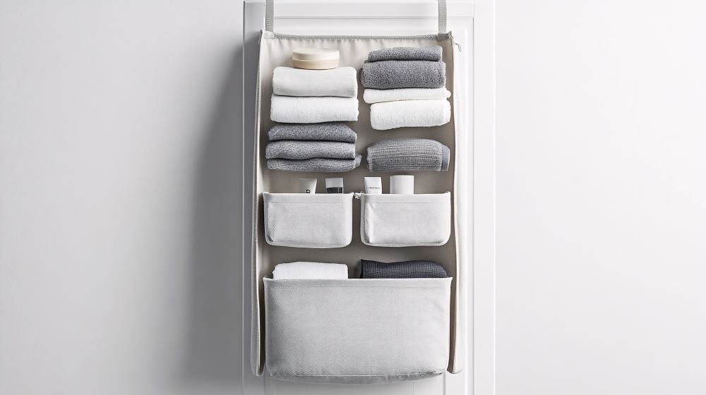over-the-door organizer holding bath towels and toiletries