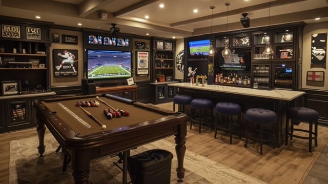 basement remodeled into a stylish man cave with a high-tech entertainment system, pool table, sports memorabilia, and a bar area