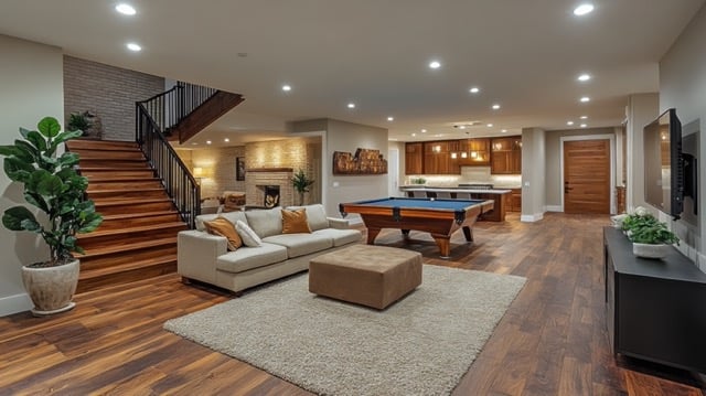 modern remodeled basement with ample ceiling lighting, a large wooden staircase, a fireplace, a pool table, and bar area