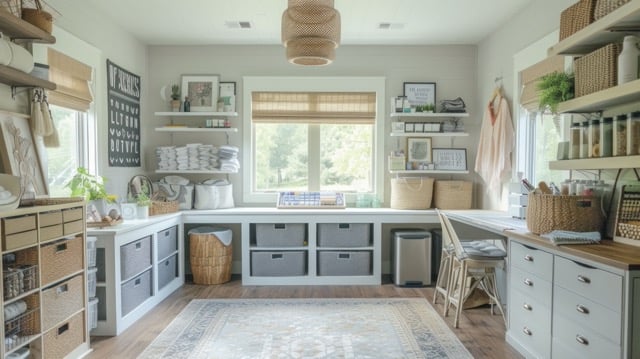 craft room with lots of storage and bins to organize hobby materials