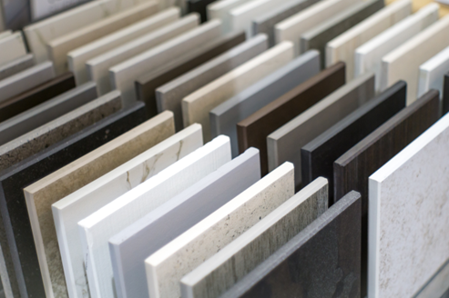 Selection of countertop and surface material samples for remodeling project
