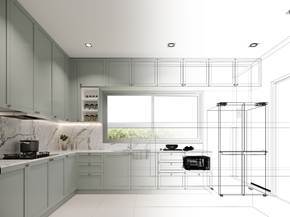 Kitchen design rendering showing cabinetry layout and appliance placement