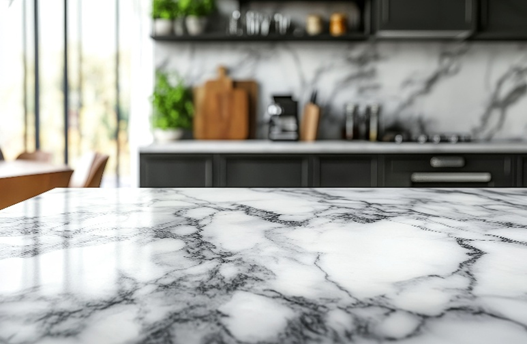 Close up photo of marble kitchen countertop
