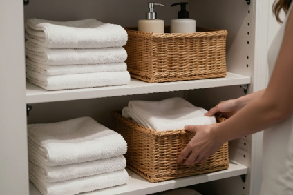 Linen closet in bathroom with towels and toiletries