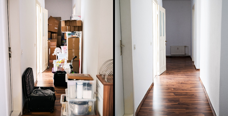 Before and after comparison of a hallway showing cluttered boxes and items on the left and a clean, empty hallway with wood floors on the right