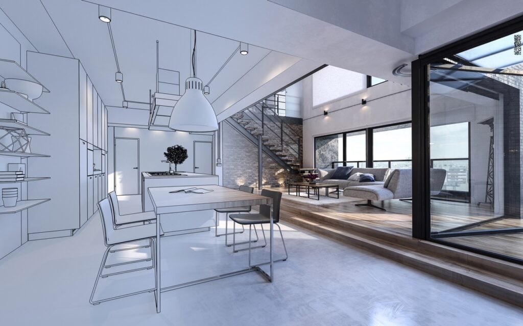 Design mockup 3d rendering half in white and half in color of luxury house interior with open plan kitchen and living room area