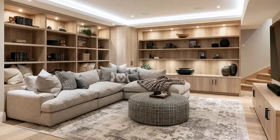 Finished basement living room with built-in wood shelving, sectional sofa, recessed lighting, and custom cabinetry.