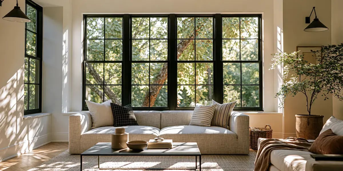 Bright living room with large black-framed windows, natural light, neutral furnishings, and warm wood flooring.