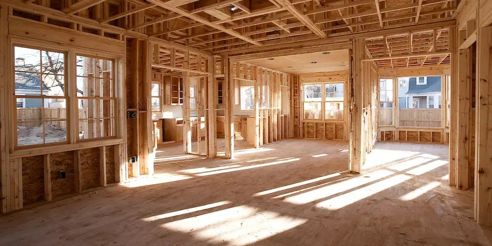 Interior renovation under construction with exposed wood framing, open wall framing, and new window openings