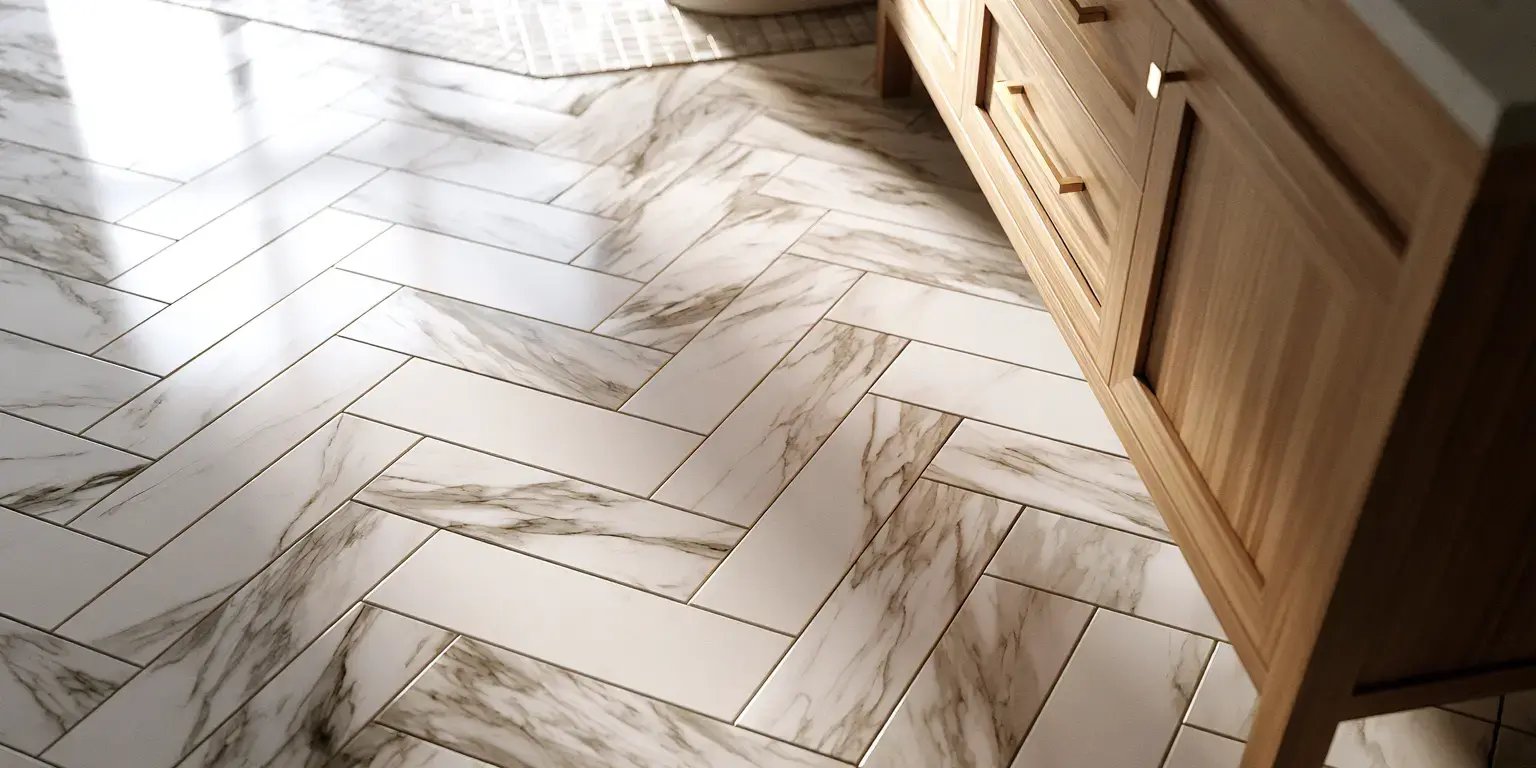 White marble tile flooring in a herringbone pattern beside warm wood cabinetry in bathroom