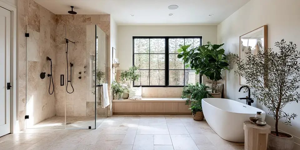 Spacious bathroom with a walk-in shower, freestanding bathtub, large windows, natural stone tile, and warm wood accents.