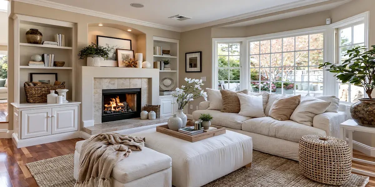 Bright remodeled living room with built-in shelving, fireplace, large windows, and warm wood flooring.