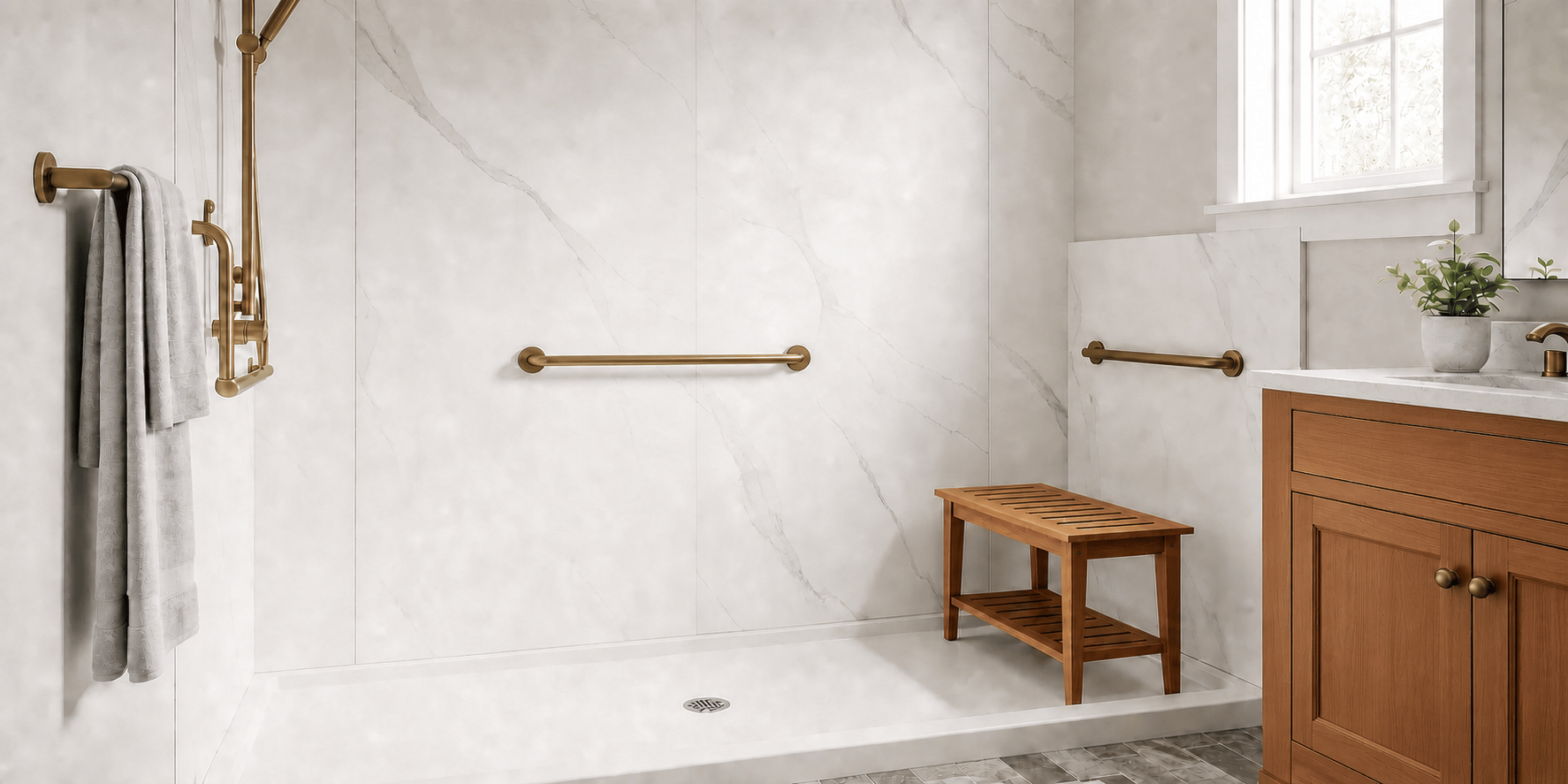 Accessible walk-in shower with grab bars, handheld showerhead, built-in seating, brushed brass fixtures, and a wood vanity.