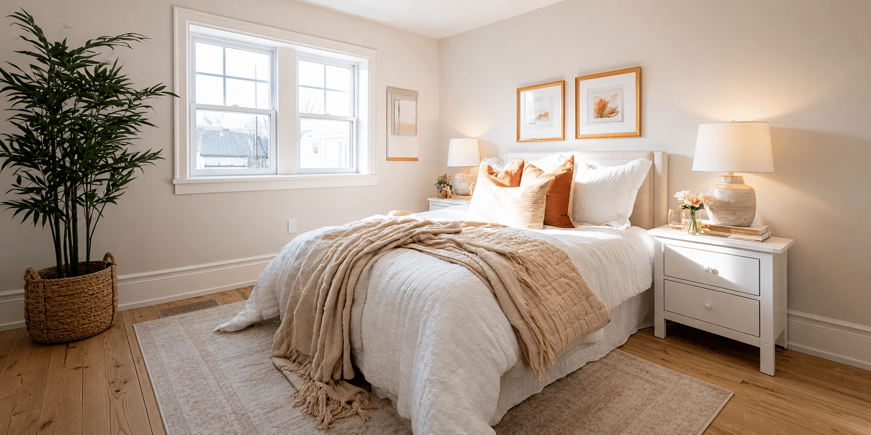 Bright remodeled bedroom with large windows, warm wood flooring, neutral finishes, and soft natural light.