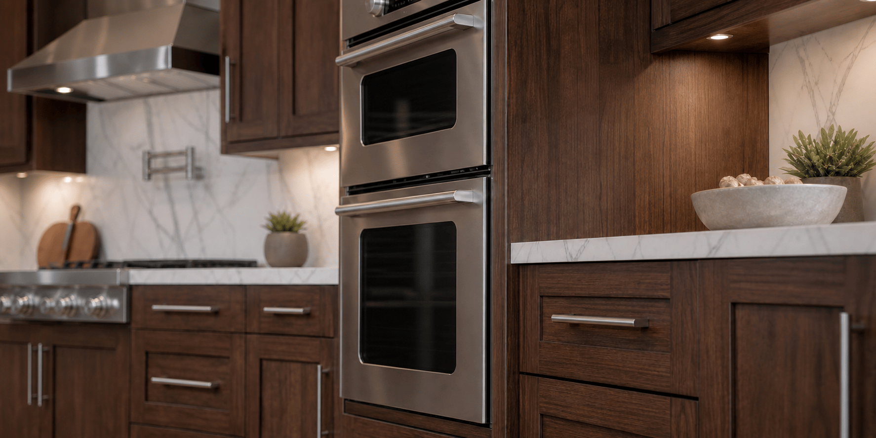 Dark wood kitchen cabinetry with stainless steel double ovens, range hood, white marble countertops, and matching backsplash.