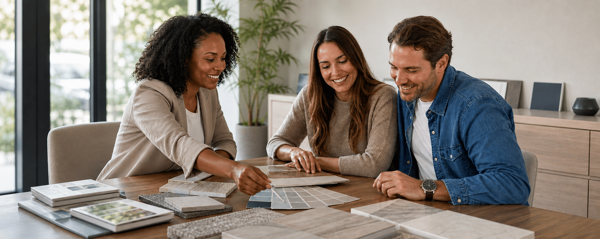 designer-reviewing-material-selections-with-happy-couple