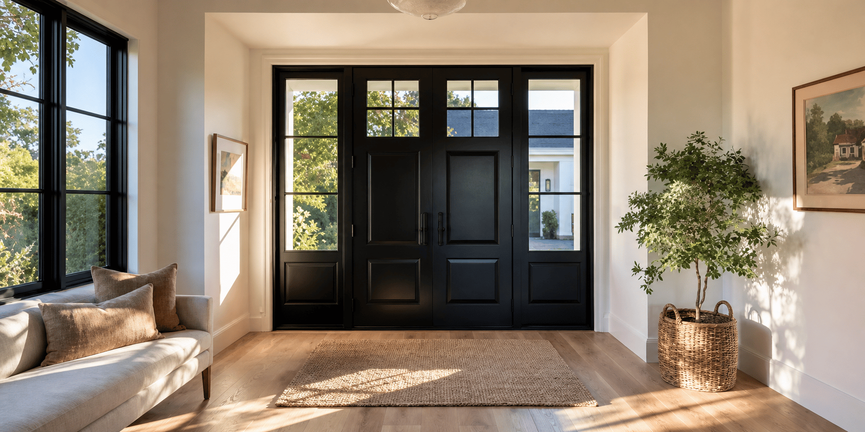 Bright entryway with black double front doors, glass sidelights, black-framed windows, and warm wood flooring.