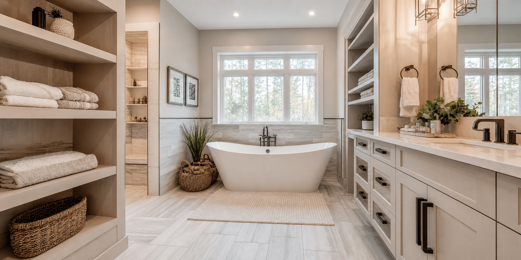 Master bathroom with expansive storage and deep soaking tub