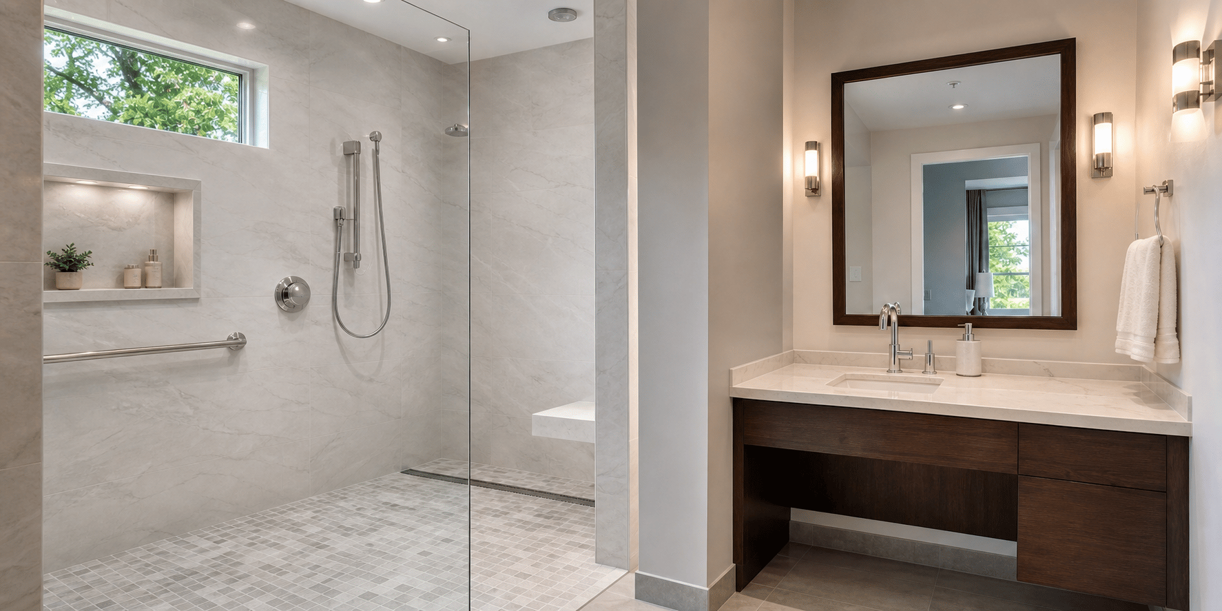 modern accessible bathroom with roll under vanity and curbless shower