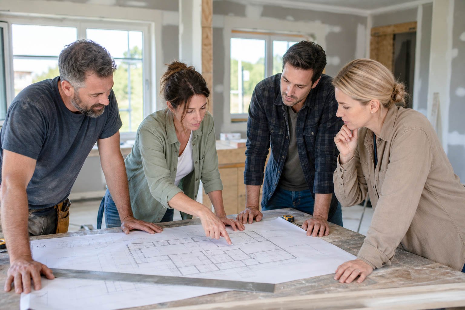 remodeling team reviewing floorplans
