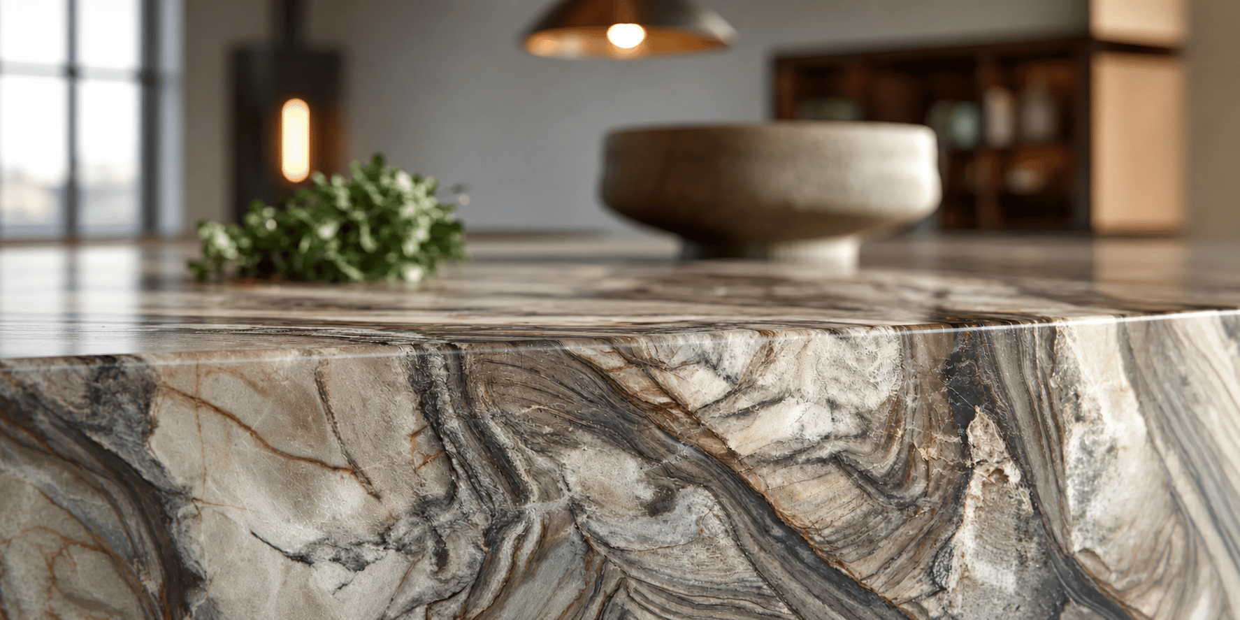 Close-up of a natural stone kitchen countertop with dramatic gray, cream, and brown veining.