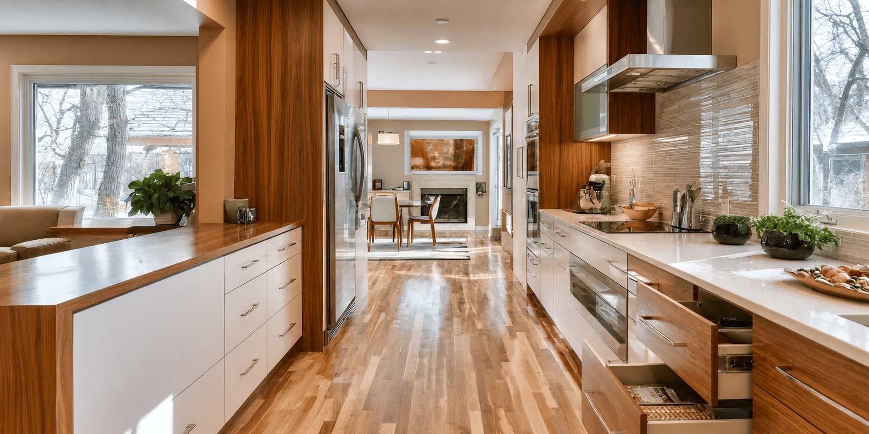 Modern kitchen with custom wood and white cabinetry, built-in storage, white countertops, stainless steel appliances, and wood flooring.