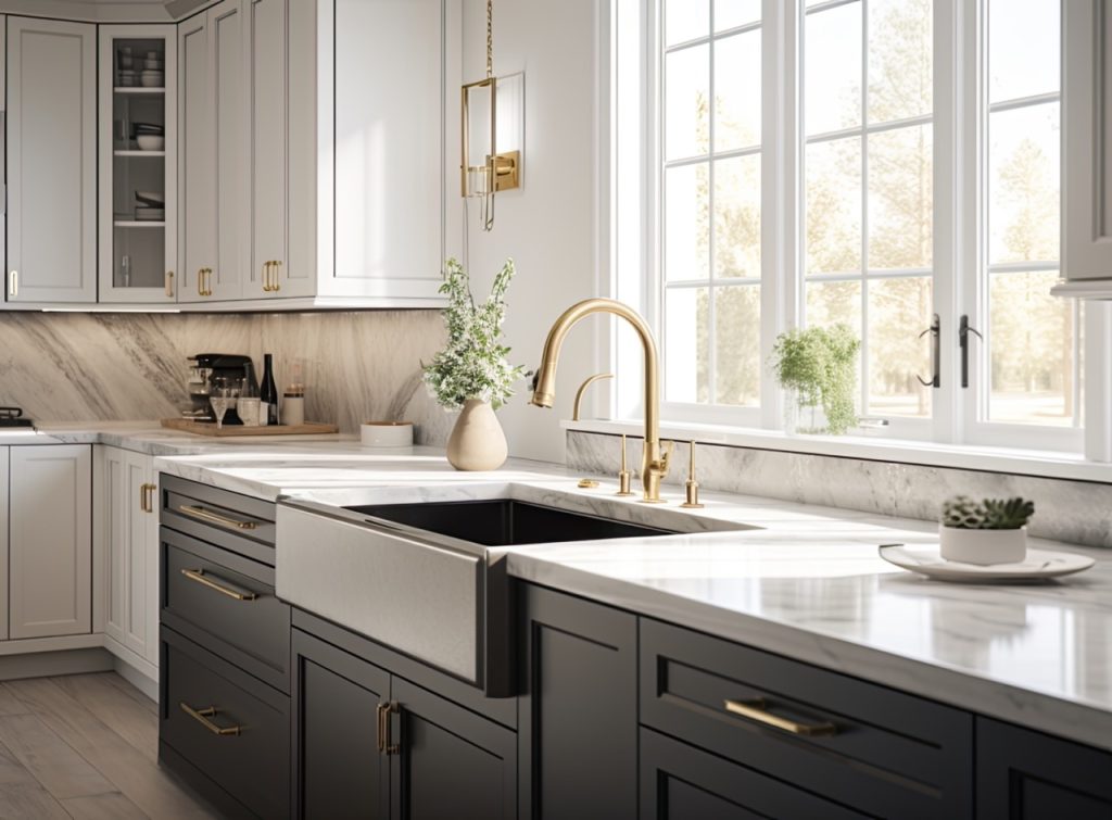 remodeled kitchen with gold hardware and marble countertops