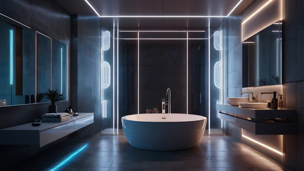 Futuristic bathroom with LED mood lighting, digital mirrors, and smart tech features
