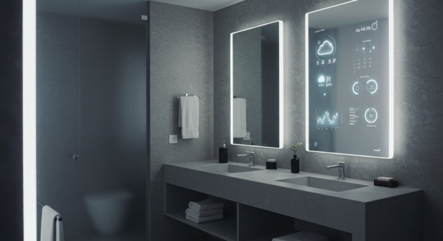 Modern Bathroom with Illuminated Smart Mirror Displaying Digital Information