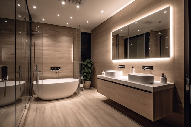 sleek grey marble bathroom with smart technology upgrades, LED lighting, double vanity, and freestanding tub