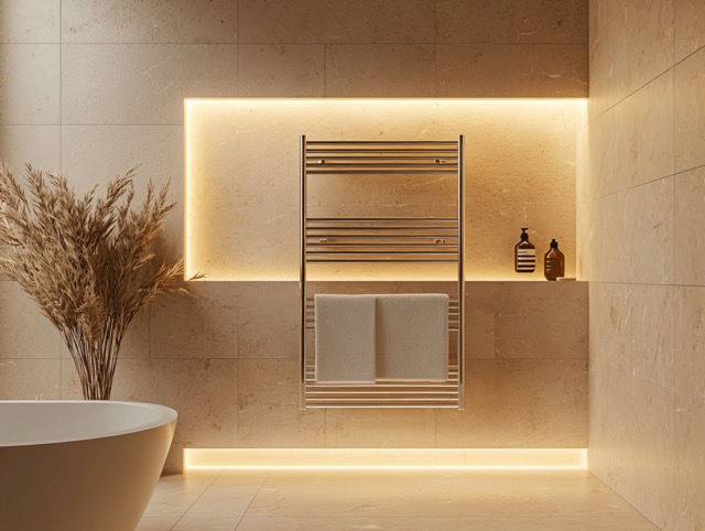 warmly lit modern bathroom with heated floors and towel warmer