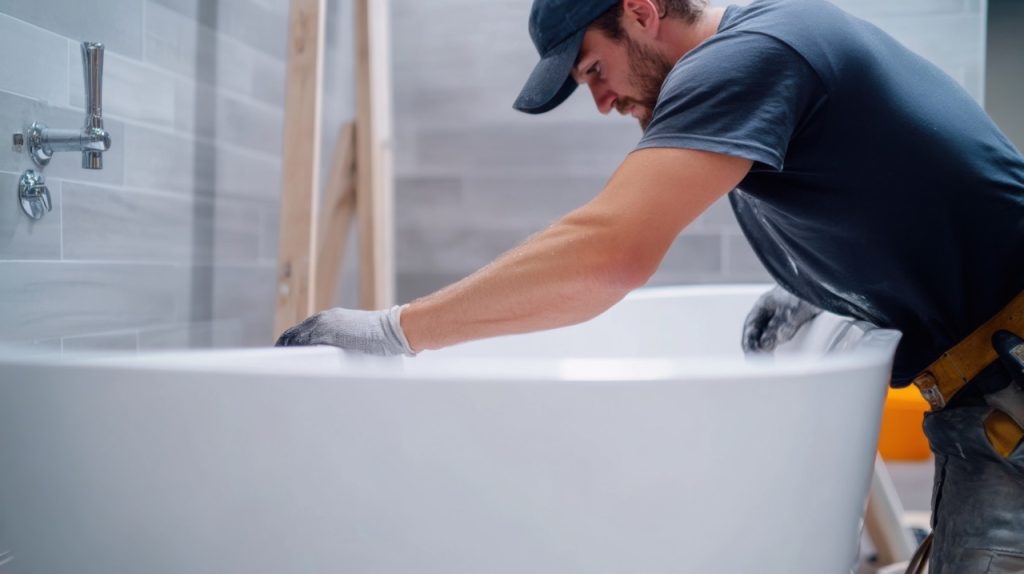 Experienced home remodeler installing a new bathtub during a bathroom remodel.