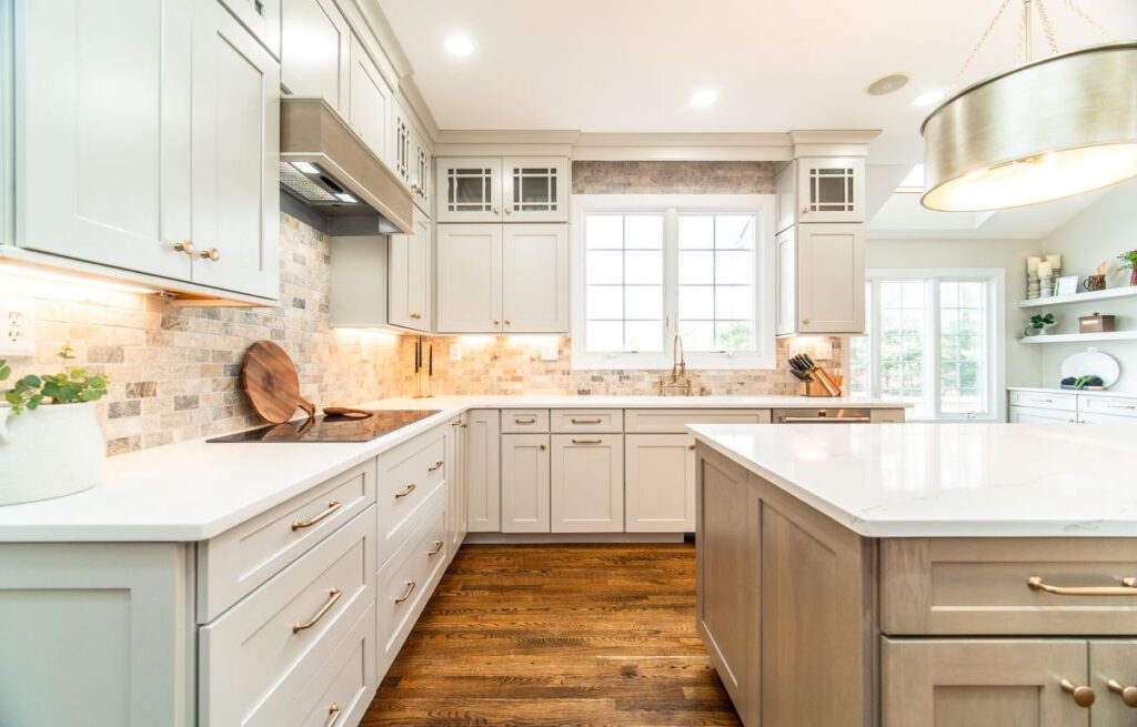 Bright spacious kitchen with stone tile backsplash