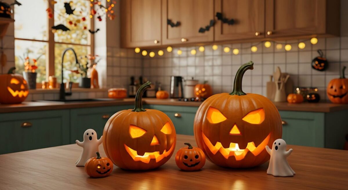 Kitchen decorated for Halloween with pumpkins and ghosts