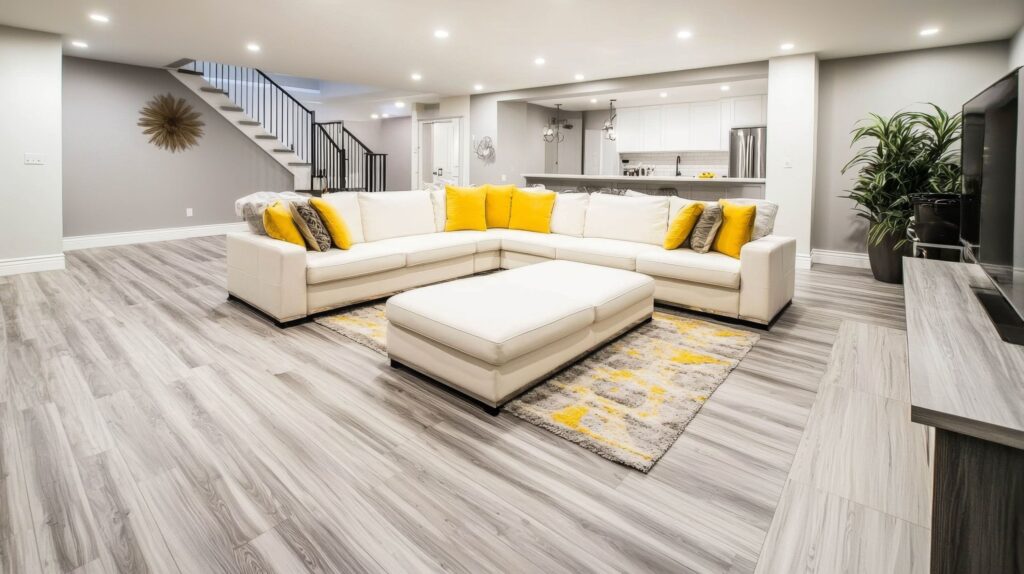 Newly remodeled basement with open layout and modern finishes.