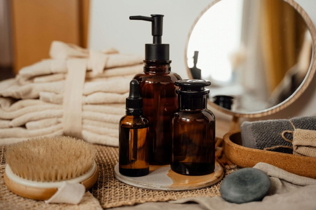Bathroom toiletries and essentials gathered together