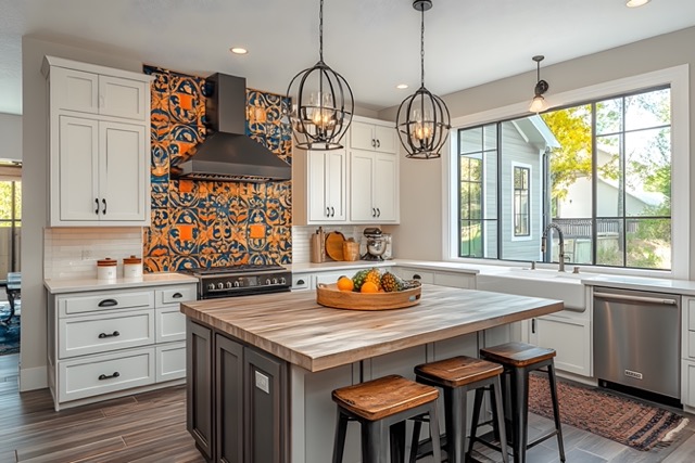 modern kitchen design with a large functional kitchen island, neutral colors and a bold backsplash up to the ceiling
