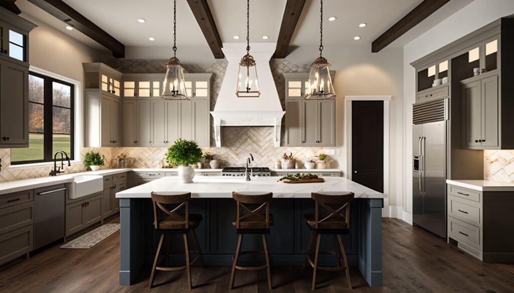 Traditional kitchen in remodeled home with hardwood floors, wood beams, and large island quartz counters. Includes farmhouse sink, elegant pendant lights, and large windows