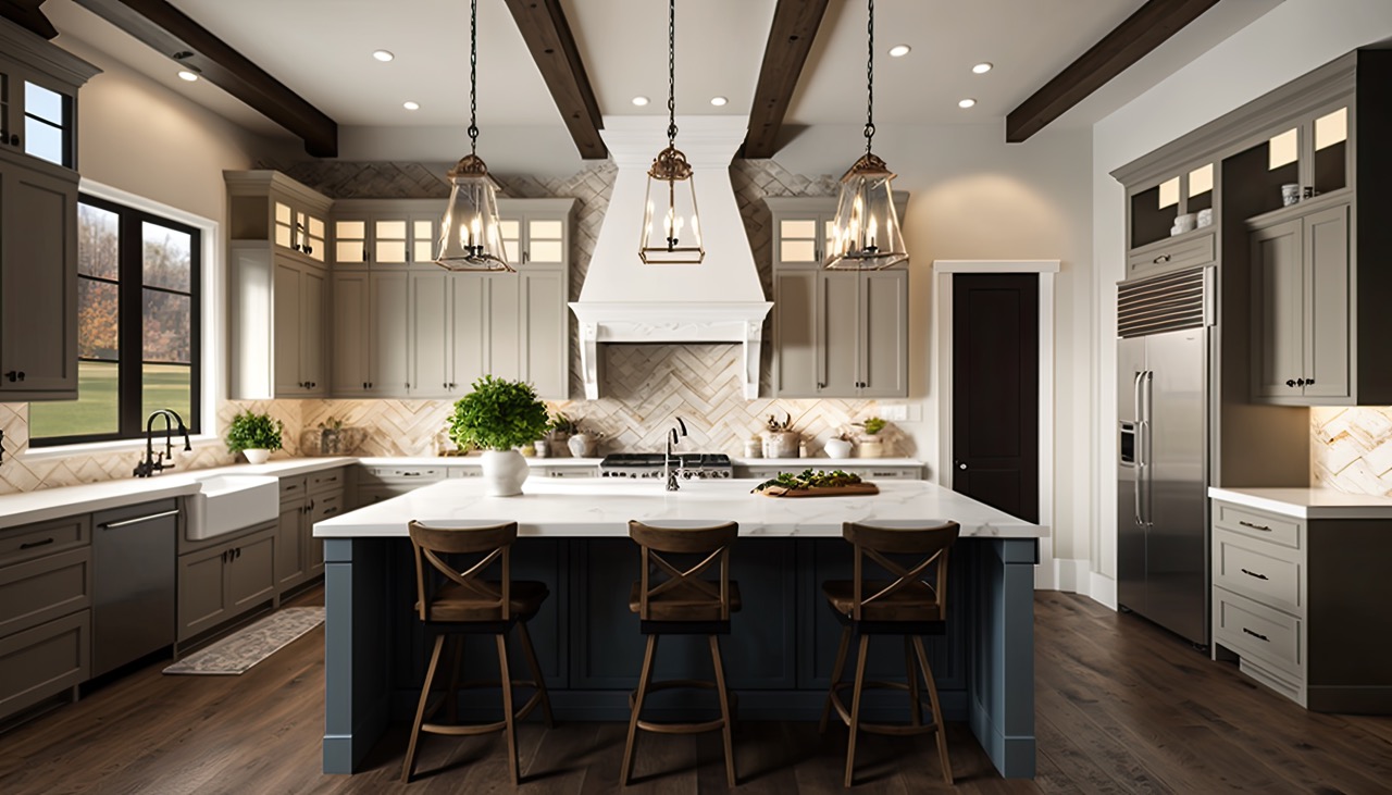 Traditional kitchen in remodeled home with hardwood floors, wood beams, and large island quartz counters. Includes farmhouse sink, elegant pendant lights, and large windows