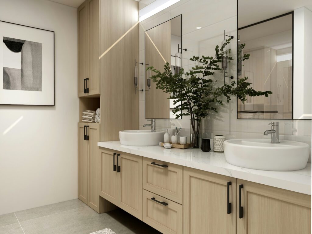Remodeled bathroom with double vanity and wood cabinetry