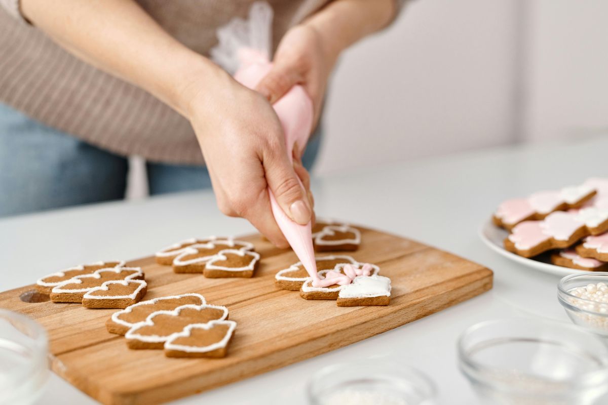 Christmas cookie decorating in kitchen