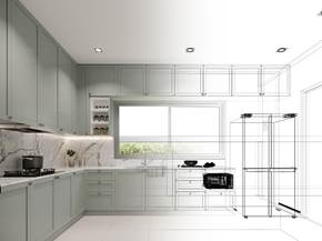 Kitchen design rendering showing cabinetry layout and appliance placement