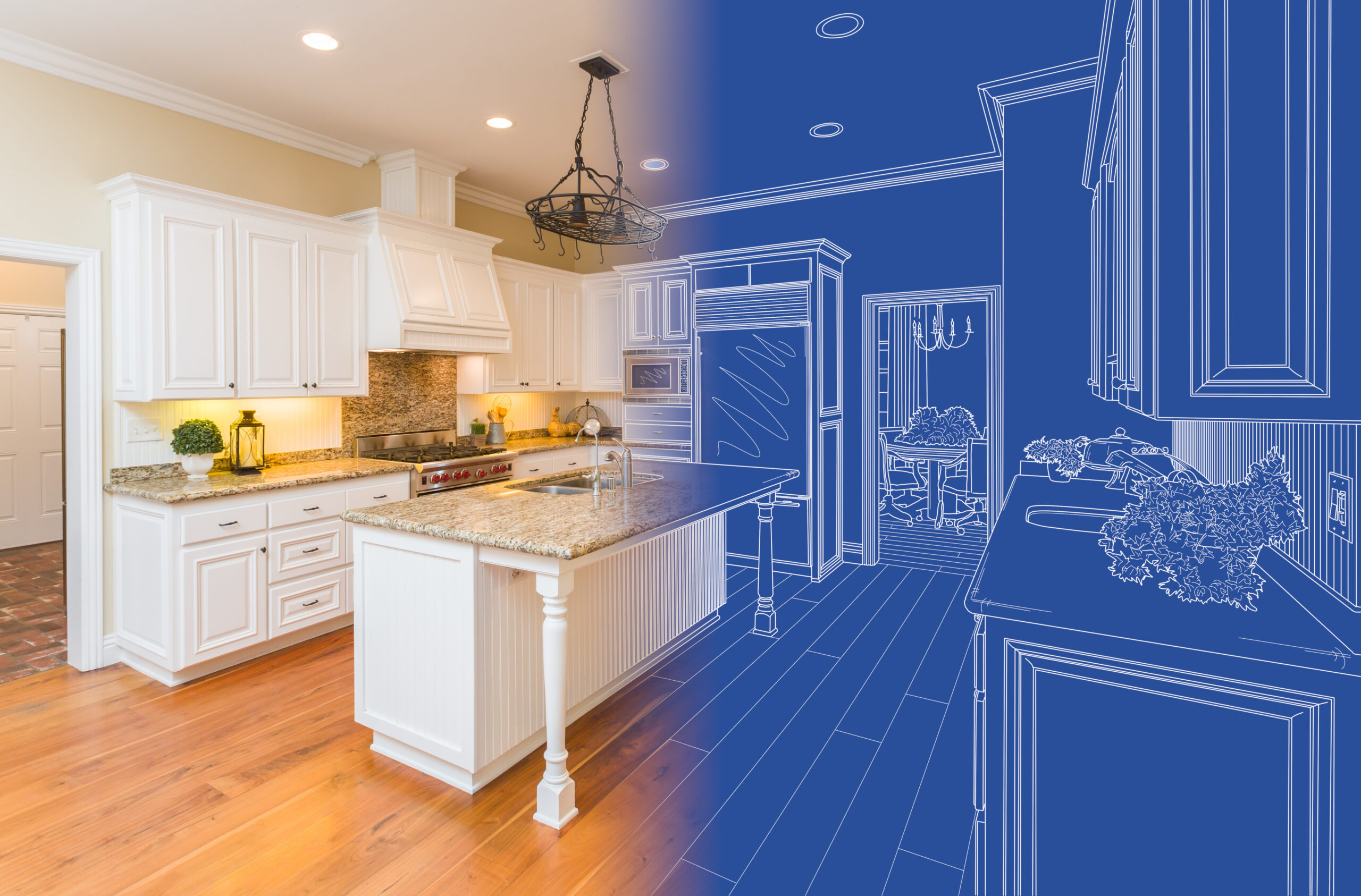 Kitchen blueprint drawing transitioning into a finished kitchen remodel