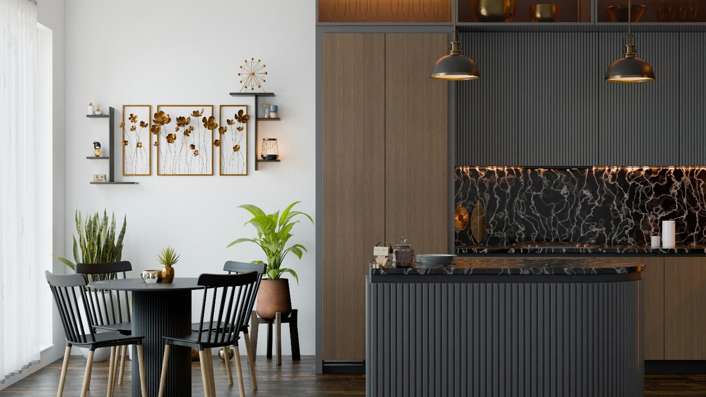 Modern contemporary kitchen with warm wood tones and black marble accents