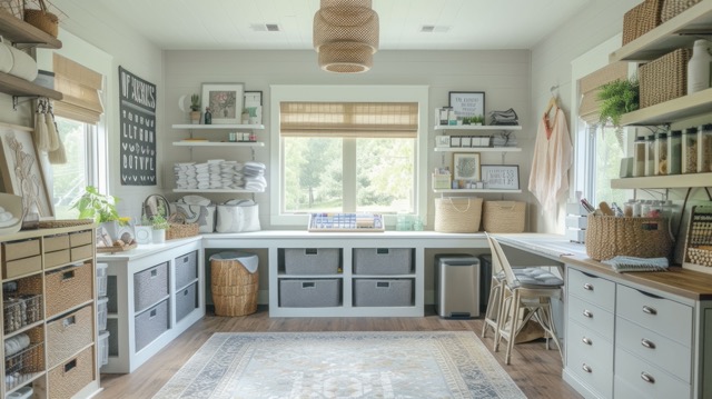 craft room with lots of storage and bins to organize hobby materials