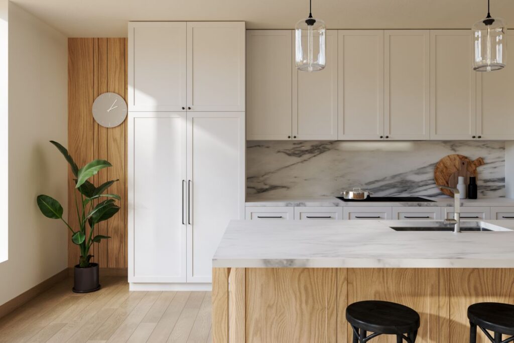 Modern kitchen with marble countertops and backsplash